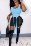 Blue Sexy Solid Patchwork See-through U Neck Sleeveless Two Pieces