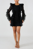 Black Fashion Solid Patchwork O Neck A Line Dresses