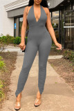 Black Sexy Casual Solid Backless Halter Skinny Jumpsuits