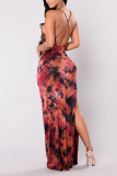 Blue Sexy Print High Opening Spaghetti Strap Irregular Dress Dresses