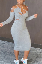 Grey Sexy Solid Hollowed Out Patchwork Long Sleeve Knee Length Dresses