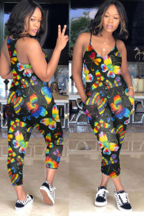 Black Fashion street Print Patchwork Hollow Sleeveless Slip Jumpsuits