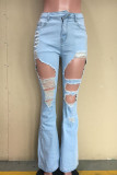 Blue Sweet Solid Ripped Mid Waist Denim