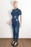 Dark Blue Fashion Casual Solid Zipper Turndown Collar Regular Jumpsuits