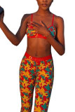 Yellow Fashion Active adult Patchwork Print asymmetrical Two Piece Suits pencil Sleeveless Two Pieces