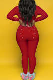 Red Casual Solid Patchwork Buttons O Neck Regular Jumpsuits