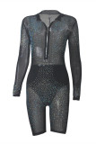 White Casual Fashion Mesh zipper Sequin perspective Asymmetrical Long Sleeve Turndown Collar 