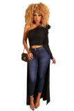 Black One Shoulder Collar Long Sleeve Solid Draped asymmetrical