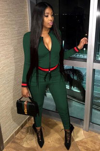 Green Drawstring Long Sleeve Mid Patchwork pencil Pants