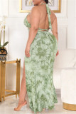 Green Sexy Print Backless Slit Strap Design Halter Plus Size Two Pieces