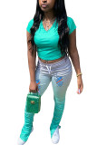 Green Milk Silk Fashion Sexy adult Ma'am Print Two Piece Suits pencil Short Sleeve Two Pieces