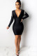 Black Celebrities Cap Sleeve Long Sleeves V Neck Lantern skirt Knee-Length Solid Patchwork tasse