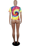 Blue White Blue Orange Yellow colour O Neck Short Sleeve Patchwork Print Character Tops