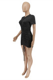 Yellow Fashion Solid Draw String O Neck Short Sleeve Dress