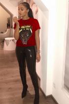 Red O Neck Short Sleeve Patchwork Print Animal Prints Tees & T-shirts