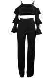 Black Fashion Sexy backless Patchwork ruffle Solid Straight Two-piece Pants Set