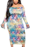 colour Sexy Knitting Print Bateau Neck Pencil Skirt Plus Size 