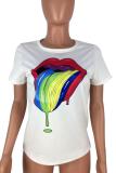 White O Neck Short Sleeve Solid Character Tees & T-shirts
