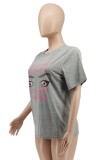 Grey Fashion Casual Print Basic O Neck T-Shirts