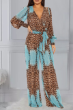 Blue Casual Print Patchwork V Neck Regular Jumpsuits