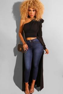 Black One Shoulder Collar Long Sleeve Solid Draped asymmetrical