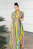 Blue Casual Fashion Cap Sleeve Half Sleeves Turndown Collar Straight Ankle-Length fastener Argy