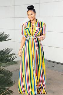 Yellow Casual Fashion Cap Sleeve Half Sleeves Turndown Collar Straight Ankle-Length fastener Argy