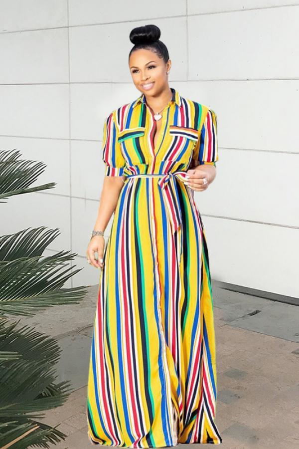 Yellow Casual Fashion Cap Sleeve Half Sleeves Turndown Collar Straight Ankle-Length fastener Argy