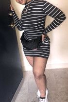 Black White Elegant Striped Patchwork Turtleneck Long Sleeve Pencil Skirt Dresses