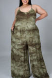 Blue Casual Print Patchwork Spaghetti Strap Plus Size Jumpsuits