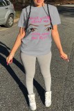 Grey Fashion Casual Print Basic O Neck T-Shirts
