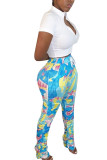 Blue Active adult Ma'am Geometric Patchwork Print Two Piece Suits Straight Short Sleeve Two Pieces