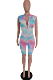 Multicolor Casual Patchwork Tie-dye Hooded Collar Sleeveless Two Pieces
