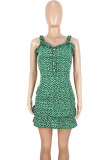 Green Sexy Fashion Tank Sleeveless Slip Step Skirt Mini Patchwork backless Draped Print ruffle s