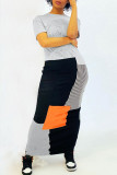 Grey Fashion Short Sleeve Patchwork Long Dress