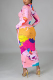 Pink British Style Print Turtleneck A Line Dresses