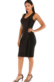 Black Sexy Cap Sleeve Short Sleeves V Neck Step Skirt Knee-Length Solid