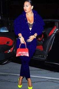 Royal blue Casual Patchwork Leopard Print Two Piece Suits pencil Long Sleeve 