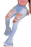 Light Blue Denim Button Fly Sleeveless High Patchwork Solid Hole Old Boot Cut Pants Bottoms
