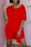 Black Fashion Casual Solid Slit V Neck Short Sleeve Two Pieces