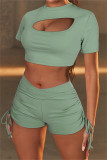 Blue Casual Sportswear Solid Hollowed Out Draw String O Neck Short Sleeve Two Pieces