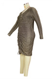Gold Fashion Casual Plus Size Solid Draw String V Neck Long Sleeve Dresses
