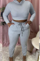 Grey Sexy Solid Hollowed Out Hooded Collar Long Sleeve Regular Sleeve Two Pieces