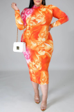 Rose Red Sexy Print Patchwork Zipper Collar Plus Size 
