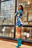 Blue Fashion Casual Cap Sleeve Long Sleeves O neck Step Skirt Mini Geometric Print Casual Dres