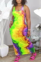 Yellow FashionOff The Shoulder Sleeveless O neck Step Skirt Ankle-Length Print Patchwork Tie and dye Dresses