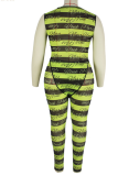 Fluorescent Green Sexy Striped Letter O Neck Plus Size 