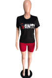 White Casual Letter Print Solid Straight Short Sleeve Two Pieces