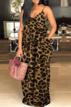 Coffee Sexy Print Patchwork Spaghetti Strap Straight Dresses