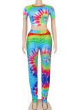 colour Fashion Sexy adult Ma'am Patchwork Print backless Two Piece Suits pencil Short Sleeve Two Pieces
